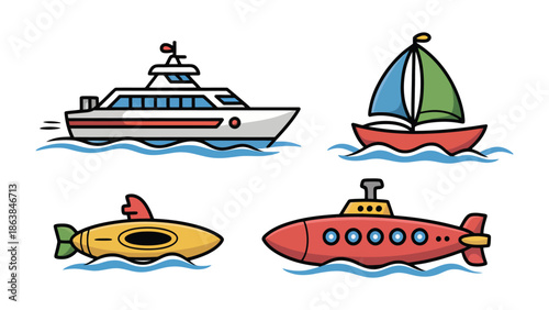 Nautical Fleet Illustration: A vibrant collection of stylized sea vessels navigating the waters, illustrating transportation and nautical themes.