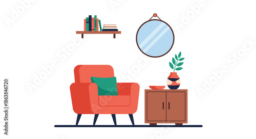 Cozy living room corner with a comfortable red armchair, wooden storage cabinet, round mirror, and a small plant.