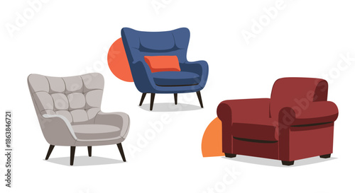 Three modern armchairs in different styles and colors like light grey, blue, and deep red for interior design.