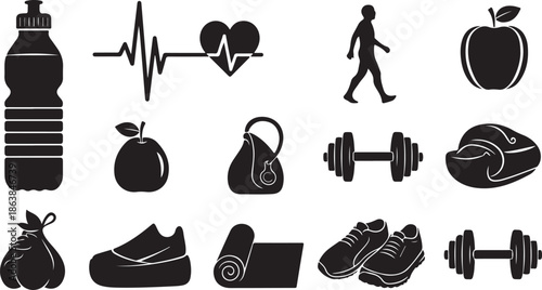 A collection of fitness icons on a white background