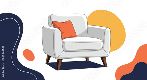 Comfortable modern armchair in light grey with an orange pillow against a background of stylish abstract shapes.