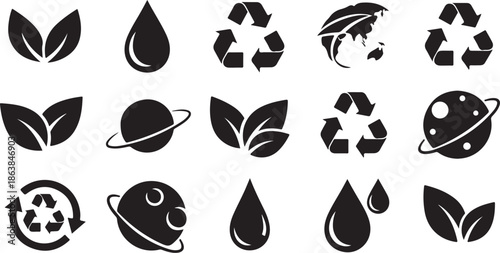 A collection of eco-friendly icons on a white background