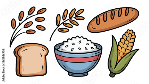 Variety of Carbohydrates: A colorful display of carbohydrates, featuring grains, bread, and corn, showcasing the building blocks of energy and nourishment for a balanced diet.