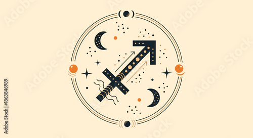 Sagittarius zodiac symbol in a mystical circular frame with celestial elements like moon, stars, and planets.
