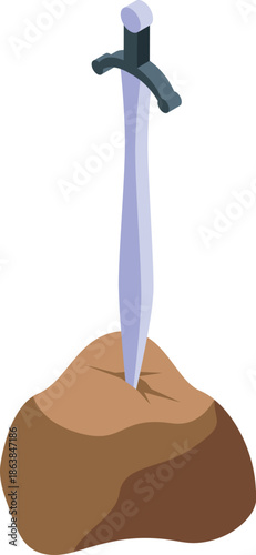 Isometric icon of legendary excalibur sword stuck in a stone, symbolizing the arthurian legend