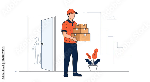 Delivery man in an orange uniform holding a stack of brown cardboard boxes standing in front of an open doorway.