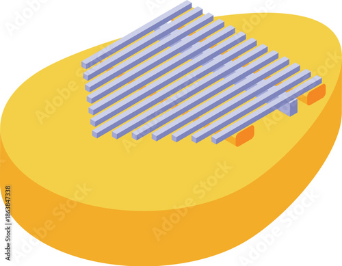 Kalimba musical instrument resting on a yellow surface, viewed from an isometric perspective