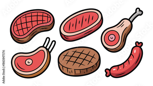 Cut of Meat Illustration: A collection of various cuts of meat, including steak, sausage, and a ham. All of them are displayed with their attractive appearance