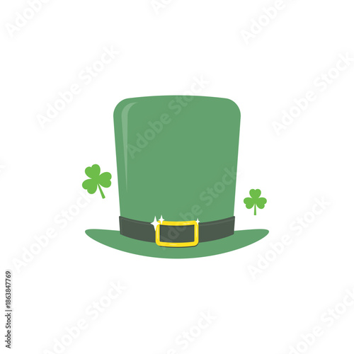 Leprechaun hat. Cultural and religious theme. Green hat and shamrock leaves. Vector illustration.