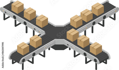 Isometric conveyor belt system illustration, automated warehouse logistics with cardboard boxes, industrial packaging and sorting process, modern supply chain design