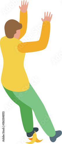 Man losing balance after stepping on banana peel, falling down and raising arms in surprise