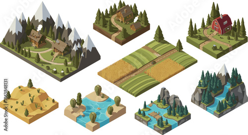 Isometric landscape illustrations, rural village, farm fields, forest cabins, mountains rivers desert scenes, game assets environment design