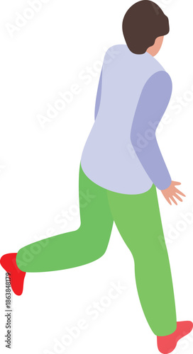 Young man running, seen from behind, in isometric view, representing concepts like escaping, chasing or simply jogging