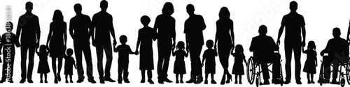 Silhouettes of diverse inclusive group with adults, children, and wheelchair users, black figures, community posture, transparent background, unity and accessibility illustration