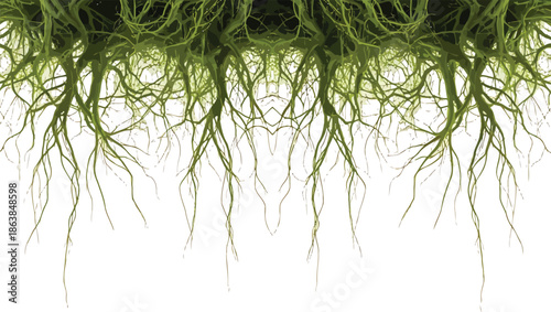 Abstract green roots pattern against a clean white background, symbolizing growth and organic connection