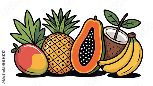 Tropical Fruit Delight: A vibrant collection of exotic tropical fruits, artfully arranged to tantalize the senses, depicting the taste of the tropics and the bounty of nature.