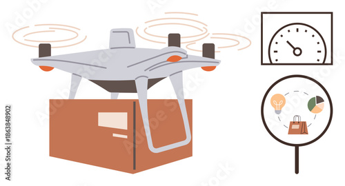 E-commerce, logistics innovation, technology services, delivery concepts, supply chain, analytics visualization. quadcopter carrying a package with data icons nearby. E-commerce and logistics