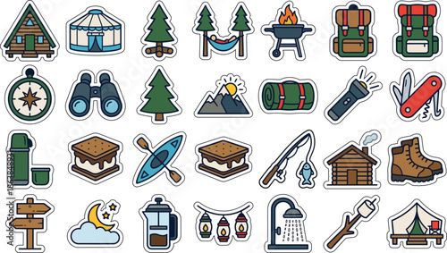 Collection of Flat Design Camping and Outdoor Adventure Icons