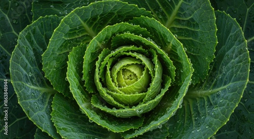 Close up of vibrant green cabbage plant showing intricate leaf structure details