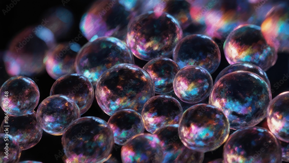 Naklejka premium Iridescent Spheres - A Cluster of Colorful Bubbles on Black Background.