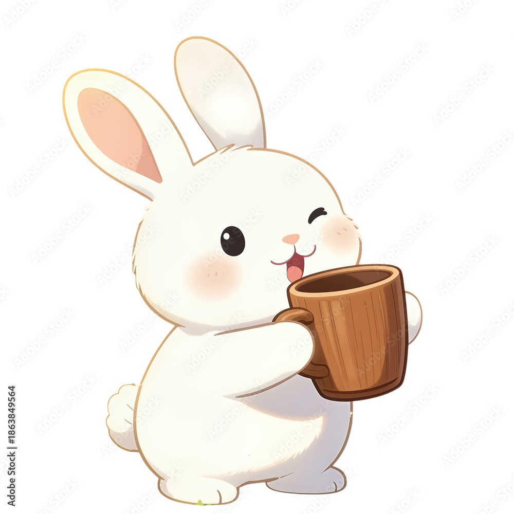 Fototapeta premium Cute white rabbit holding a wooden cup