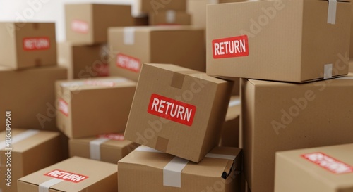 Stack of cardboard boxes with red return labels arranged in warehouse setting for shipping logistics and product returns management