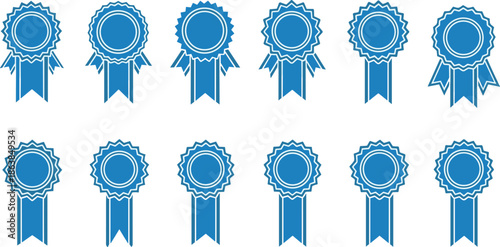 Award ribbon icon set, blue prize medals with ribbons, achievement and success symbols, quality guarantee badges for certificate, winner trophy, and competition.