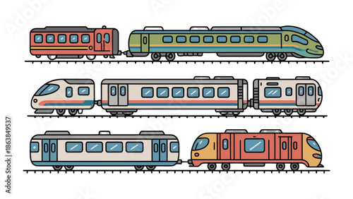 Modern Trains: Diverse modern trains traversing the railway, showcasing their sleek designs and efficient functionality in the realm of transportation.