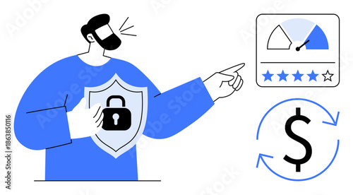 Data security concept. Shield with lock symbol highlights data protection. Connected high rating and dollar sign security in finance and user trust. Perfect for fintech, cybersecurity, user ratings