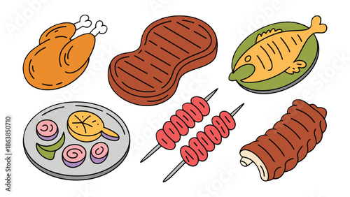 Culinary Delights: A vibrant array of cooked delicacies, from grilled steak to tender chicken and seafood, tantalizing the senses and evoking the warmth of a celebratory feast.