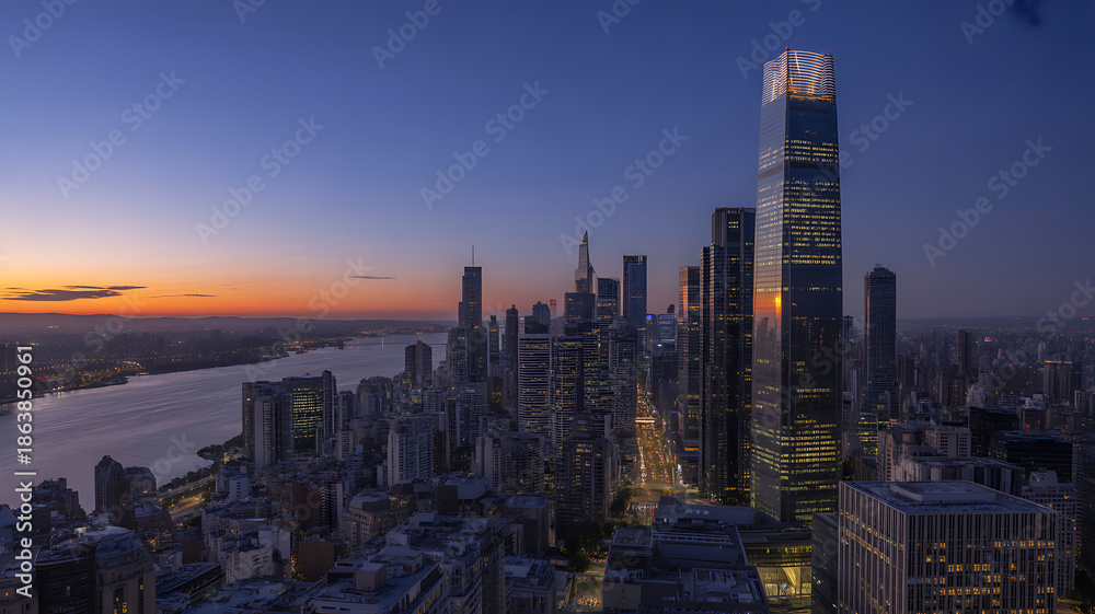 Obraz premium Dramatic Skyline of a Modern City at Dusk with River and Glowing Sunset, Featuring Tall Skyscrapers and Urban Landscape at Twilight