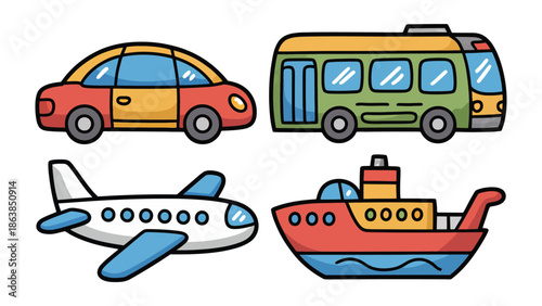 Transportation Collection: A set of vibrant, stylized illustrations showcasing various modes of transportation, perfect for educational materials or playful designs. 
