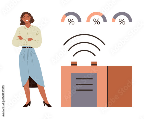 Data usage, business strategy, analytics, wireless technology, performance metrics, connectivity. Woman stands beside signal graphics and charts. Data usage and business strategy concept