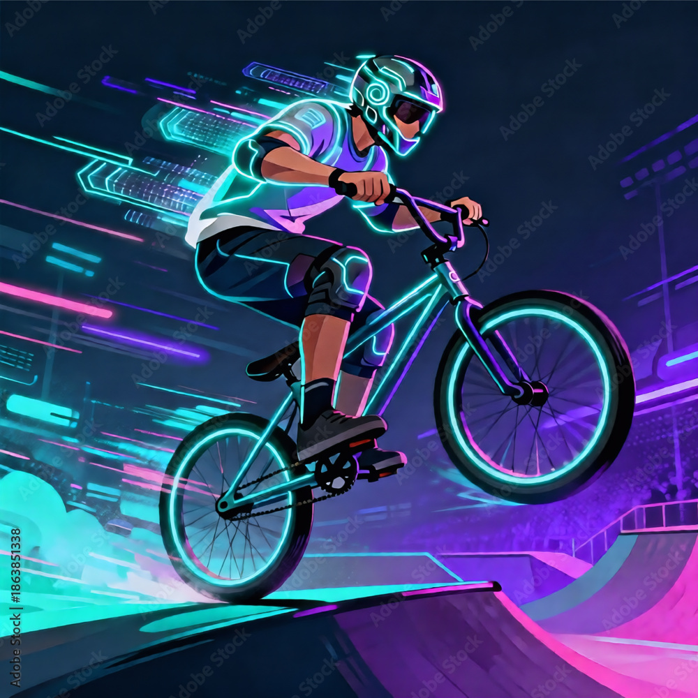Naklejka premium Man Cyber Futuristic Extreme Sport BMX – Sports Vector Illustration