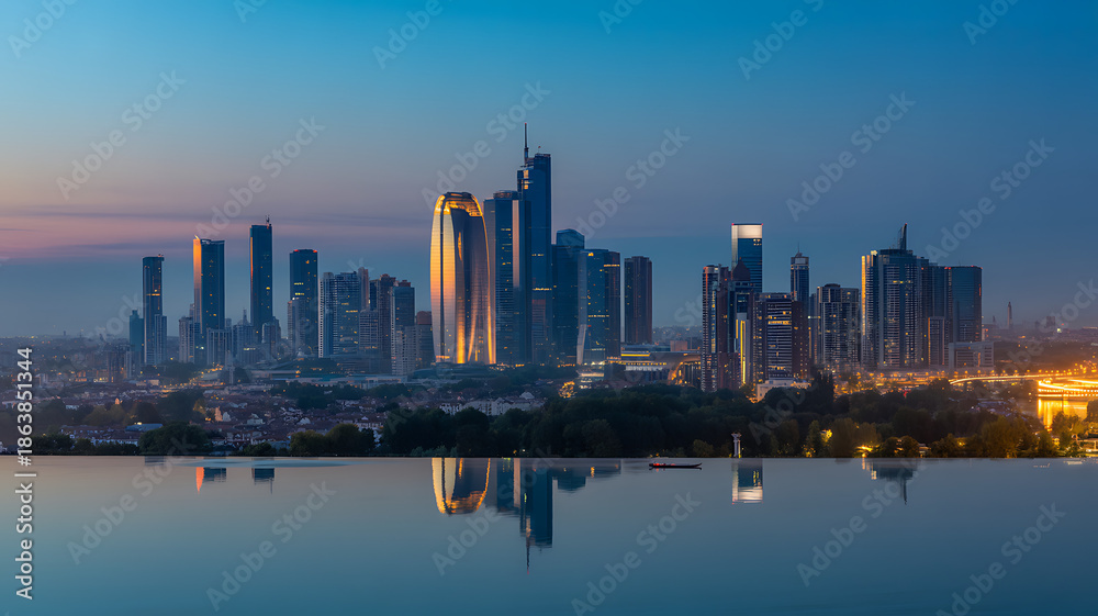 Fototapeta premium Stunning Skyline at Dusk Reflecting in Water: Modern Cityscape with Skyscrapers, Urban Landscape, and Serene Reflection for Travel and Business
