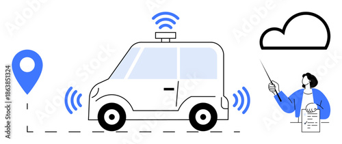 Autonomous vehicle with sensors and wireless signals on road, navigation marker, cloud icon, person with document. Ideal for innovation, technology, AI, automation, transportation smart solutions