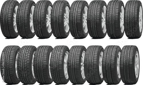 Car tire collection showing various tread patterns, automotive wheel set illustration for transport industry, vehicle safety, tire comparison, realistic vector design detailed