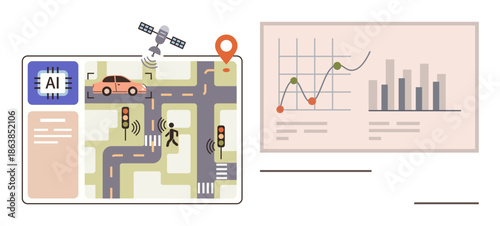 Smart city development, AI in transportation, data analysis, IoT, traffic optimization, urban monitoring. Diagram of AI-powered traffic control and analytic graphs. Smart city and AI in