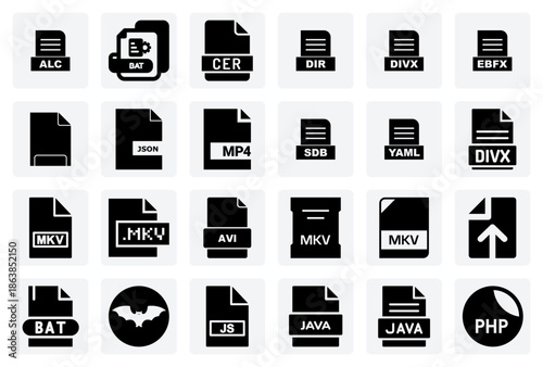 Developer-Focused File Format Pictograms For Code, Configuration, And Digital Video Management.