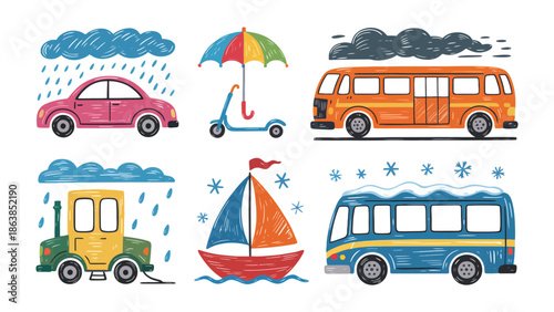 Childlike transport designs: Playful watercolor style illustrations depicting the various modes of transport in changing weather