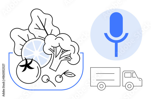 Online shopping, food delivery, eco-friendly practices, digital services, technology, healthy eating. Vegetables, microphone icon and delivery truck are visible. Food delivery and online shopping