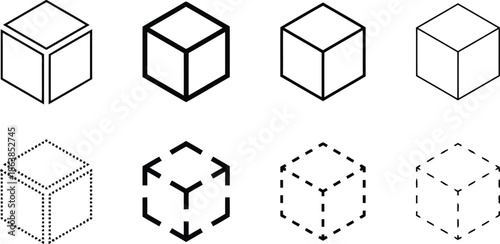 Set of Cube Vectors in Different Styles such as Outline Dotted and Dashed with Perspective View for Geometric Concepts 200 Characters Max