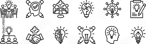 Set of Creative Idea Icons such as Brainstorming Solution Invention and Innovation in Line Style Vector