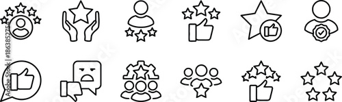 Set of Customer Feedback Icons such as User Satisfaction Star Rating Like Dislike and Teamwork Gears in Line Style Vector
