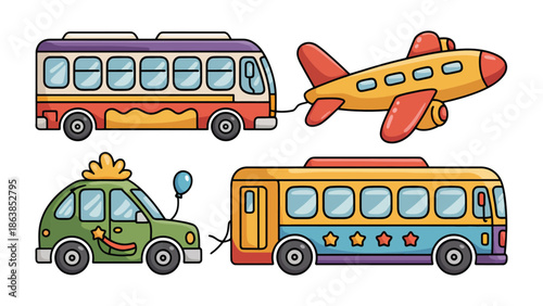 Whimsical Transport Collection: A colorful collection of illustrations showcases a playful plane, bus, and car, capturing the essence of childhood dreams and travel adventures.