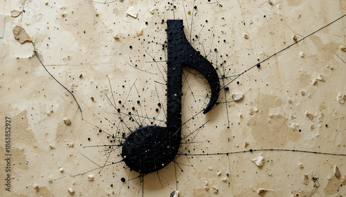 An iron-clad eighth note etched or painted on a weathered stone surface with visible specks, 32K Resolution