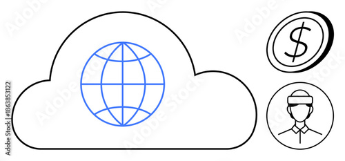 Cloud computing, global connectivity, financial technology, virtual reality, data storage, online services. Cloud outline with a globe, a coin icon and a person in a VR headset. Cloud computing