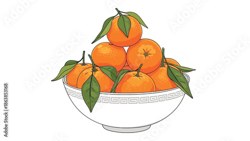 oranges in white bowl with green leaves.