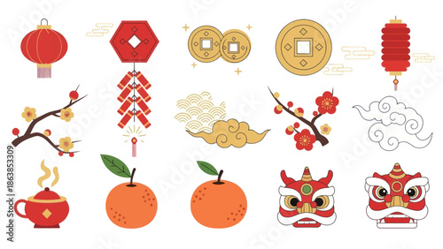 Chinese New Year Icons Set Illustration.