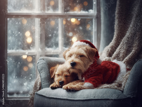 A cozy Norfolk Terrier and her festive puppies enjoy a snowy holiday wonderland from the warmth of their armchair.